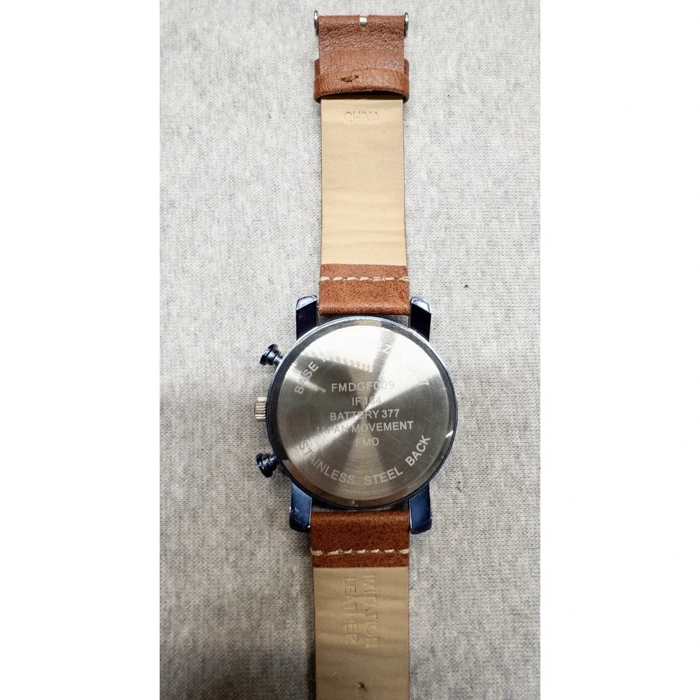 Folio 46mm Blue Silver Tone Watch Brown Leather Band New Battery‎ Chrono Style